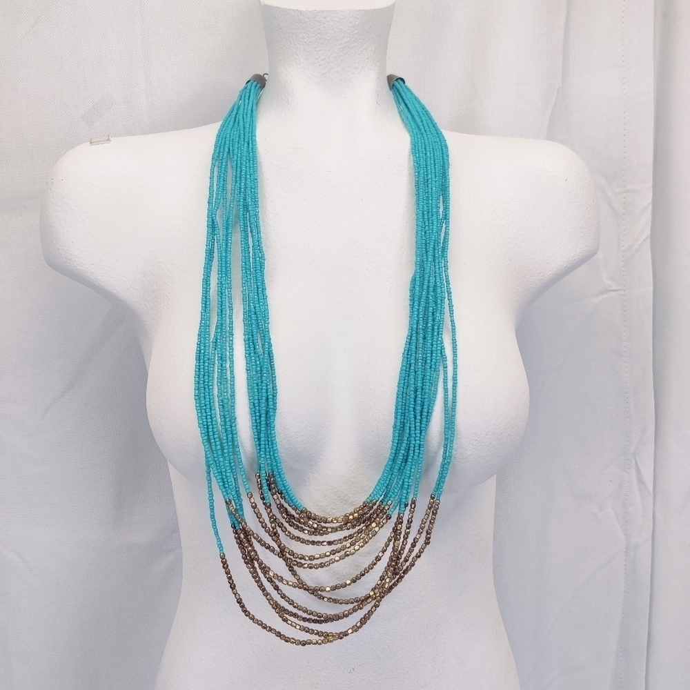 Long Multi Strand Turquoise Blue Glass Bead Necklace w/ Metallic Accents - Picture 6 of 9